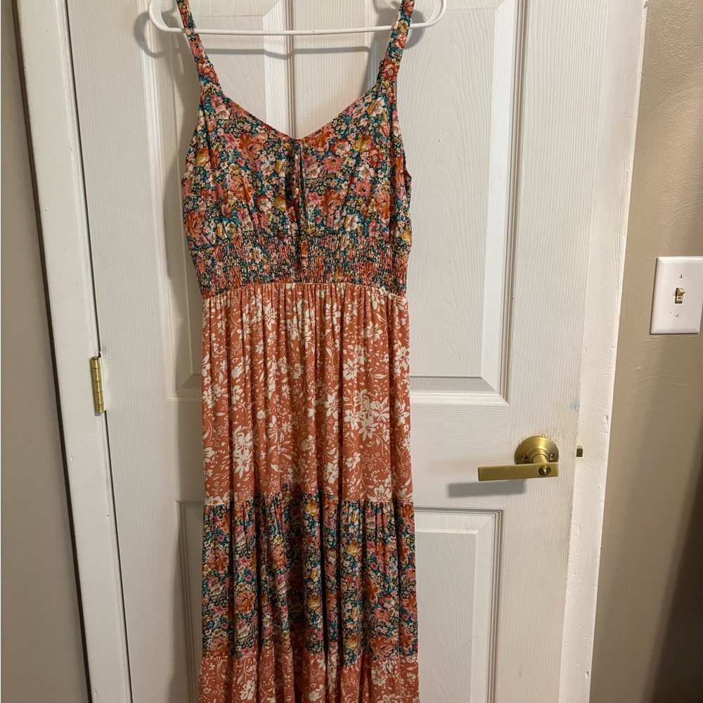 Maurices Pink and Blue Smocked Tiered Maxi Dress